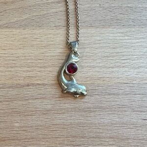 SeaWorld Gold Color Dolphin Necklace January Faux Garnet Birthstone 18" Chain